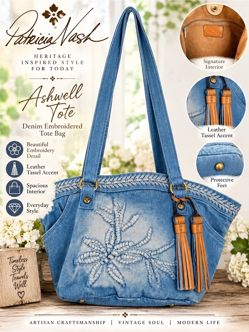 Patricia Nash Ashwell Denim Embroidered Tote Blue Boho Tassel Bag. EUC